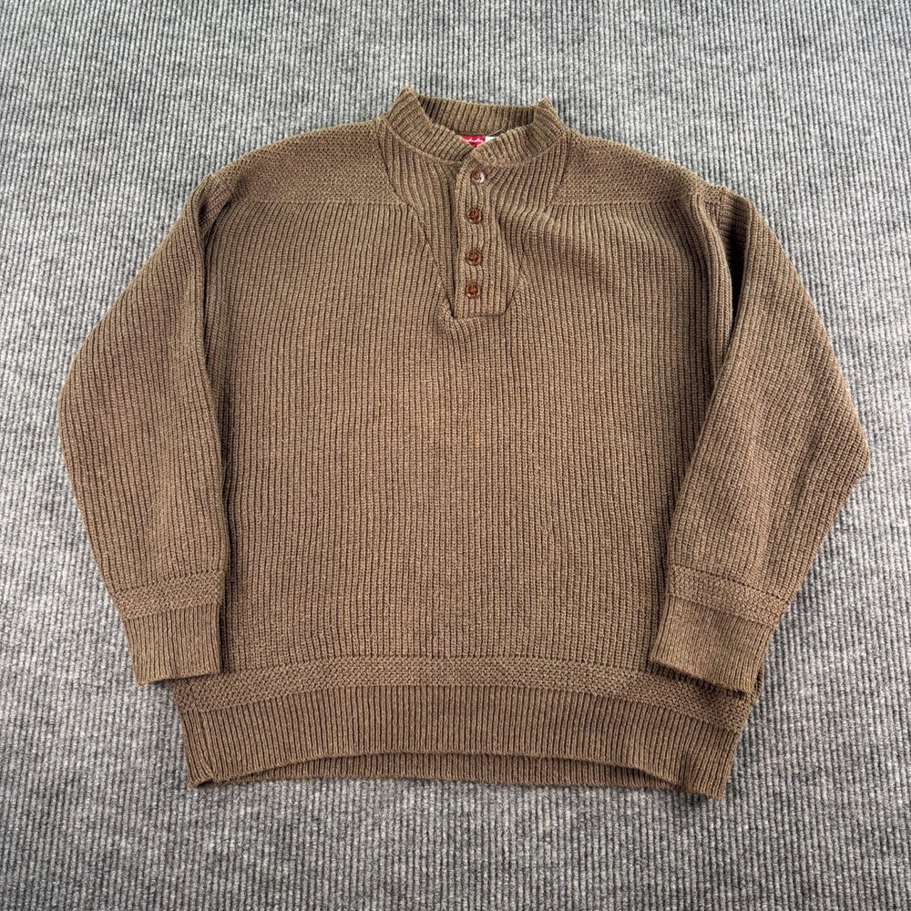 Binghamton Knitting Co Sweater Men XXL Brown Henley Knit USA Grandpa Heavy